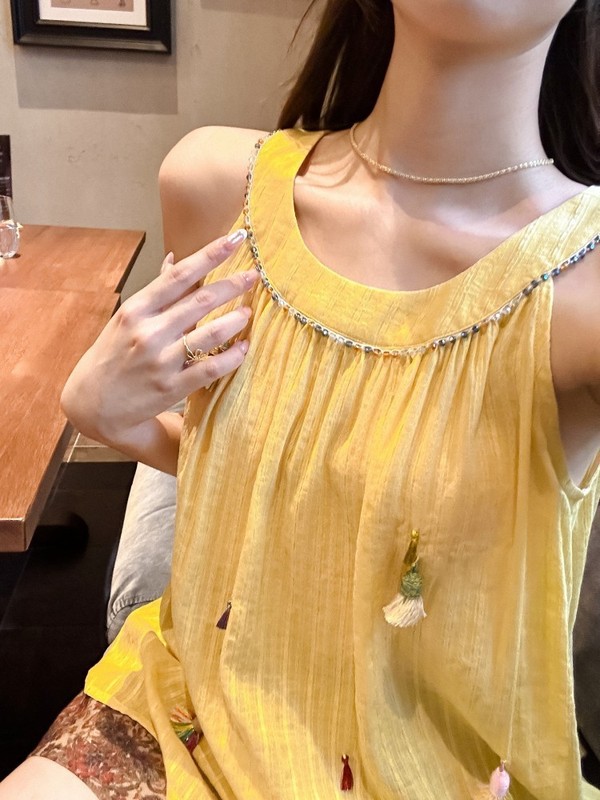 DIGM南法度假风流苏条纹串珠圆领背心2025春夏宽松小衫女A60520|undefined