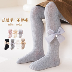 女童打底褲批發2023秋冬新款蝴蝶結女童連褲襪麻花紋兒童打底褲