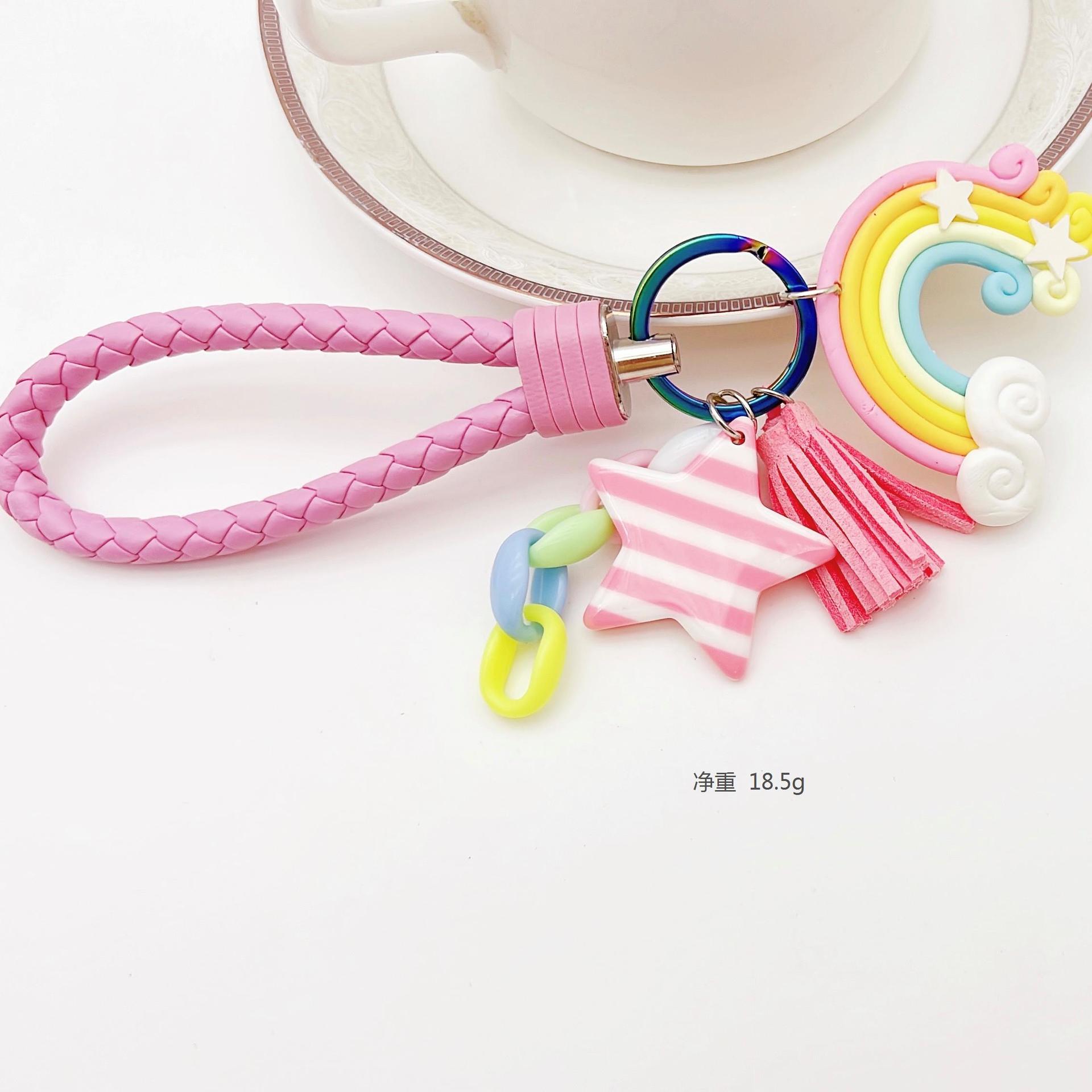 韩版可爱少女心钥匙链 创意软陶彩虹手机绳 车载钥匙挂件包包配饰