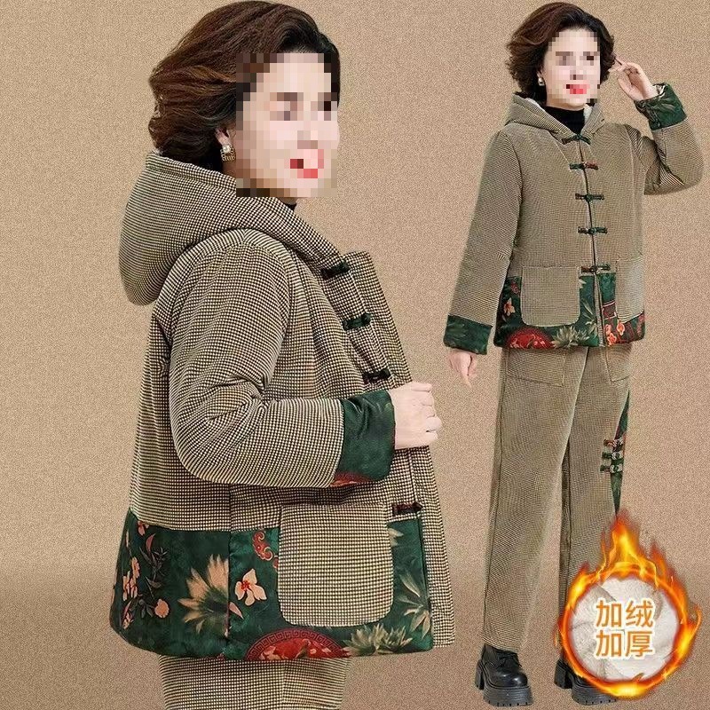 加绒复古妈妈冬装套装棉衣外套中老年女装秋冬中年加厚棉服两件套