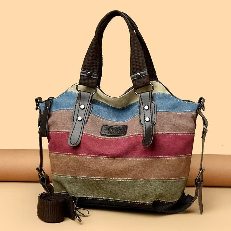 Cross-Border New Canvas Casual Retro Fashion Academic Style Large Capacity Women's Shoulder And Crossbody Contrast Patchwork Bag - Thumbnail 3