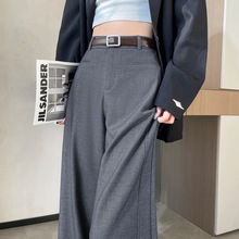 拉夏贝尔灰色西装裤女春秋2025新款高级感垂感窄版休闲直筒拖地裤