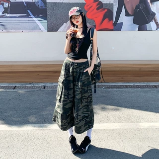 美式复古七分牛仔工装裤女夏季高腰宽松迷彩辣妹设计感阔腿短裤