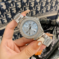 dinimi休閒氣質錶盤鑲鑽時尚石英表潮流鋼帶腕錶數字三針女士手錶