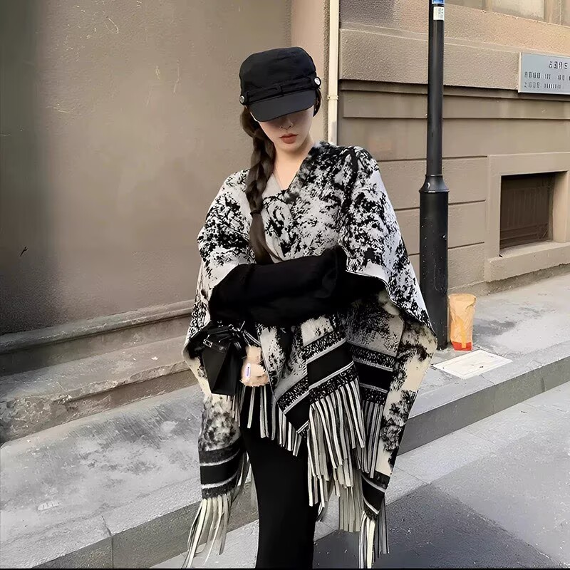 New Ink Painting Shawl, High-End Travel Decoration, Long Retro Cloak, Tassel Cloak, Wear