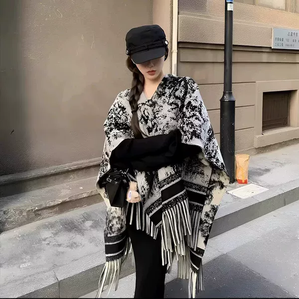 New Ink Painting Shawl, High-End Travel Decoration, Long Retro Cloak, Tassel Cloak, Wear