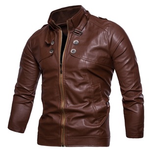 Foreign Trade 2025 Spring & Fall New Style Men's Multi-Button Motorcycle Stand Collar Washed Leather Jacket Jacket Men's Py06