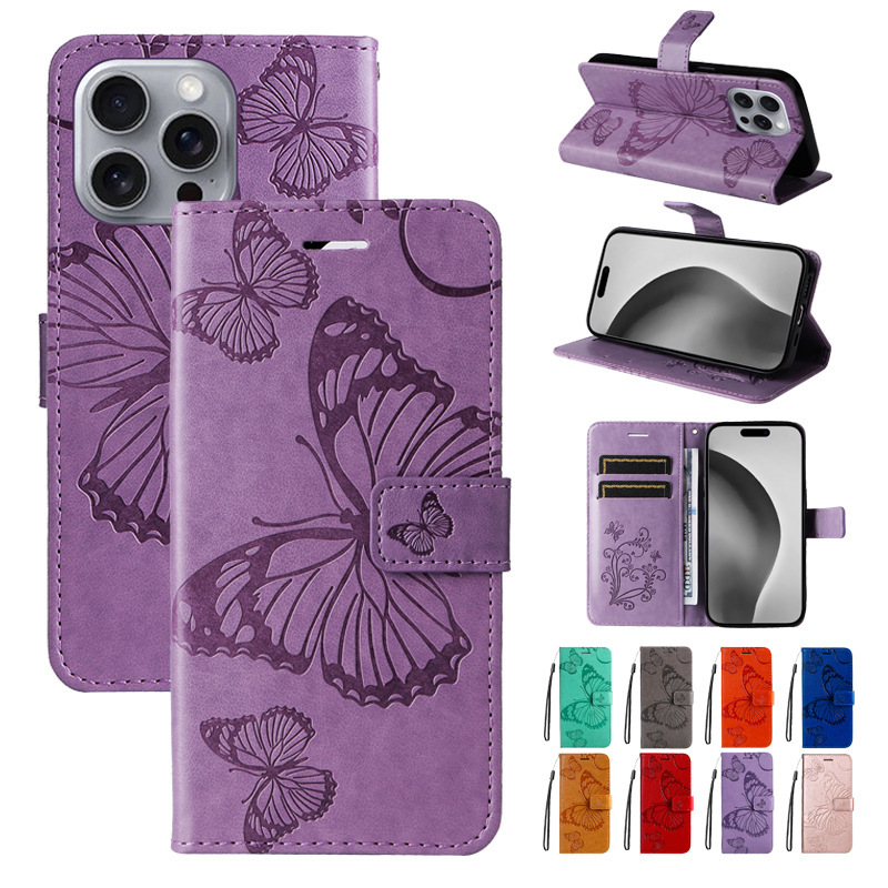 Suitable for iPhone 17 Pro Max 16E Embossed Butterfly Leather Case 1514Plus 1312 Protective Case Se3 Female