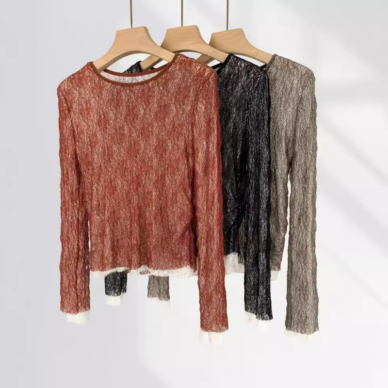 Mavericks Single Early Autumn New Design Round Neck Long Sleeve Slim-fit Slimming Lace Shirt Double-layer Elastic Shirt Top