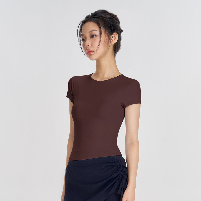 Huankan ファッショナブルなヌードランニングヨガ T シャツ、女性用、薄手、スリムフィット、スポーツ半袖、エレガントなラウンドネック、女性用フィットネスウェア|undefined