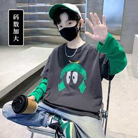 男童春季长袖假两件t恤2025新款儿童男孩春秋宽松撞色卡通上衣潮