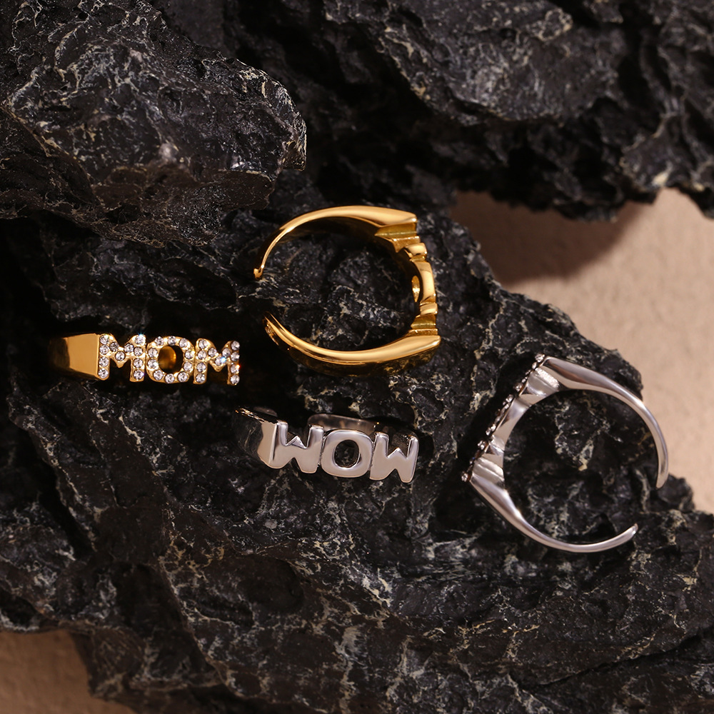 Zircon Inlaid Mom Stainless Steel Open Ring