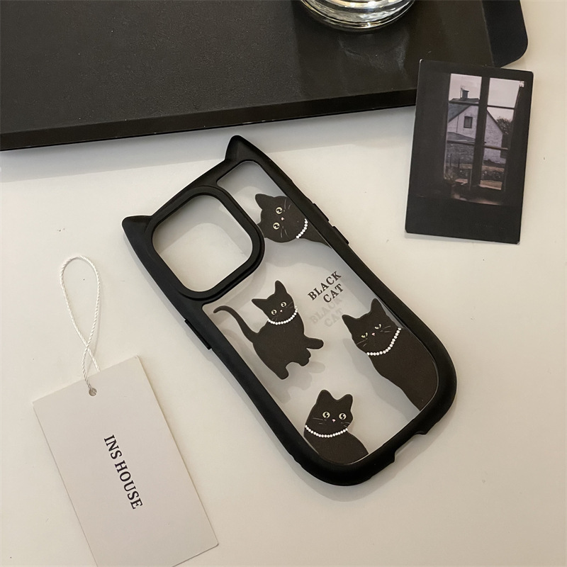 Cat Ears Black Cat Case for Apple 16 iPhone15promax Transparent 14 Two-in-One 13 Women