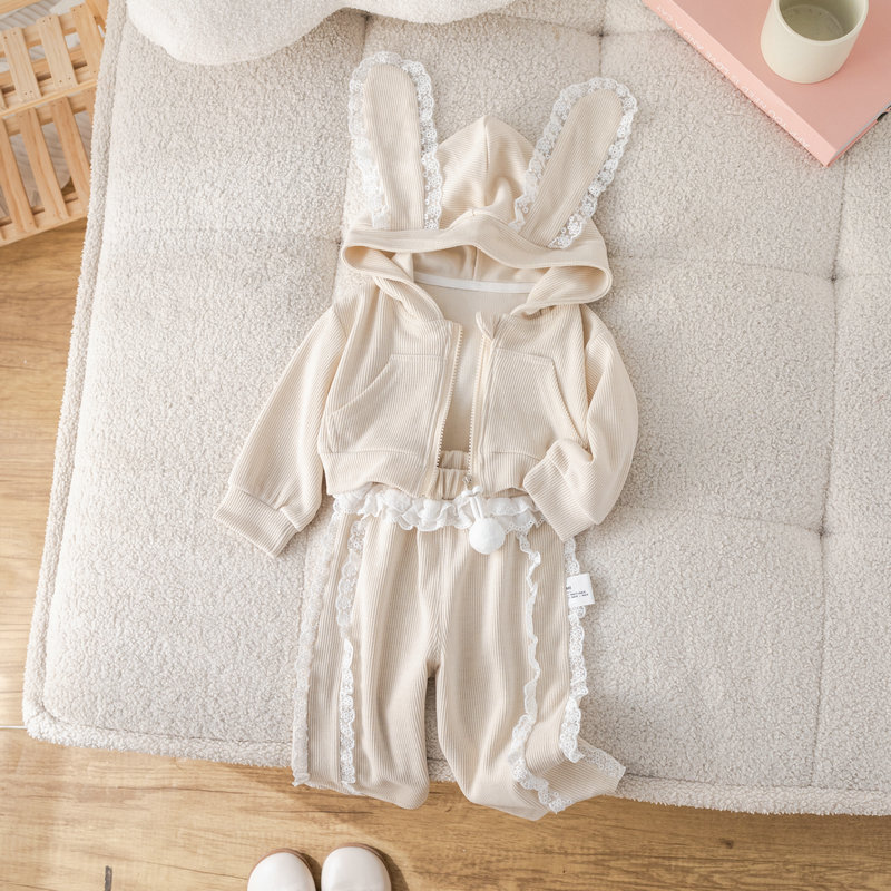 여자 세트 가을 새로운 인터넷 축하 어린 소녀 스포츠 바람 긴 귀 레이스 지퍼 코트 레이스 바지 세트