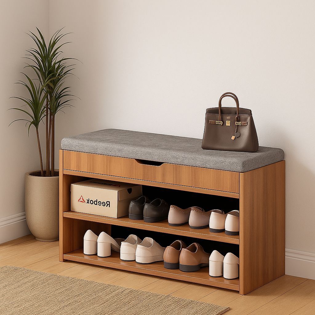 Estante de zapatos de madera sólida puerta doméstica interior multicapa simple pequeño armario de zapatos estrecho almacenar en la puerta se puede sentar para cambiar el taburete de zapatos