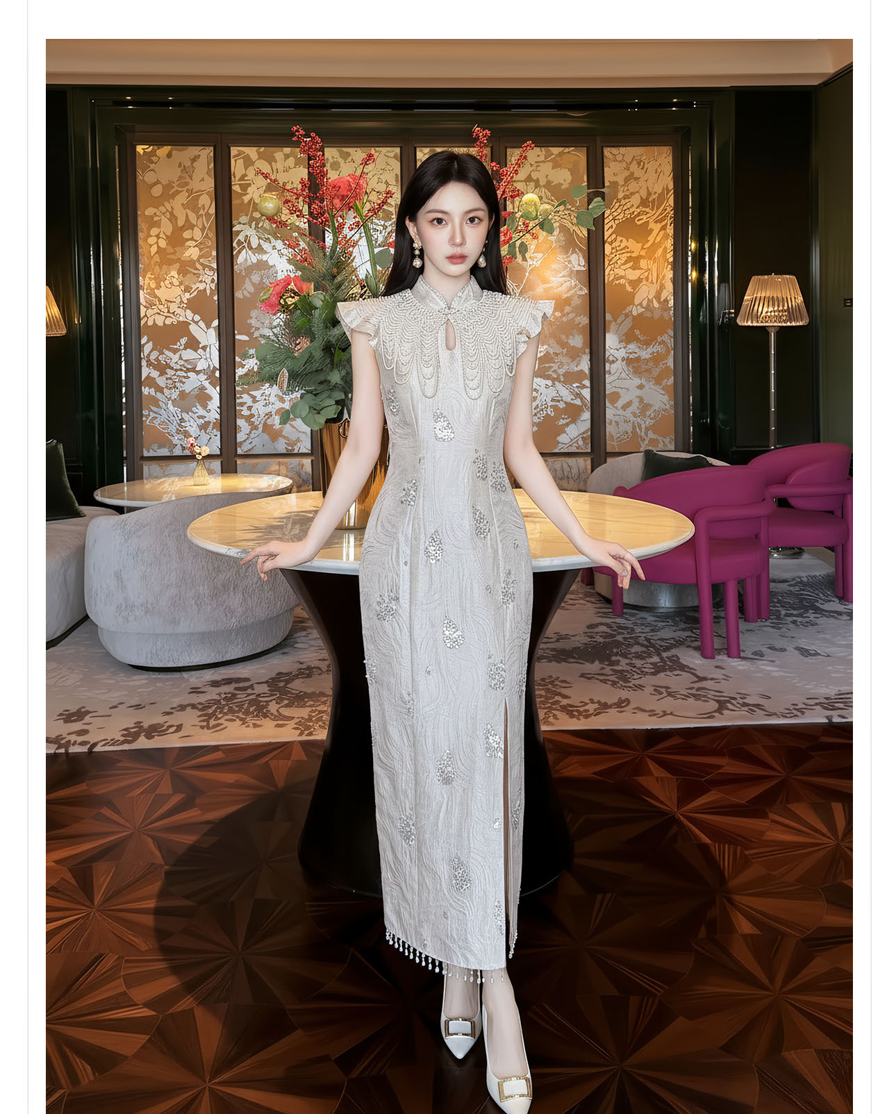 Đầm ôm body nữ phong cách Tân Trung Hoa đính cườm nặng tay thiết kế sườn xám — Xám Hạnh chi tiết 8
