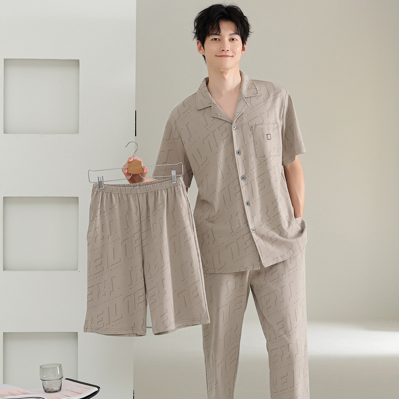 Summer Men's Pajamas, Pure Cotton Short-Sleeved Shorts, Long Pants, Three-Piece Set, Lapel Cardigan, Simple Casual Home Wear Set