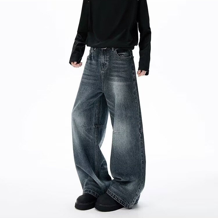 Unisex Retro Minimalist Wide Leg Jeans Blue Grey Stylish Straight Leg Drape Trendy Men's Clothing Denim_mkmklike.com