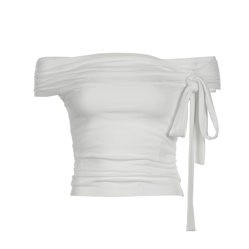 2026 Korean Version Of Chic Design Sense Asymmetrical Knotted Straps Off-the-shoulder T-shirt Pleated Waist Versatile Knitted Top_ecoleips.com