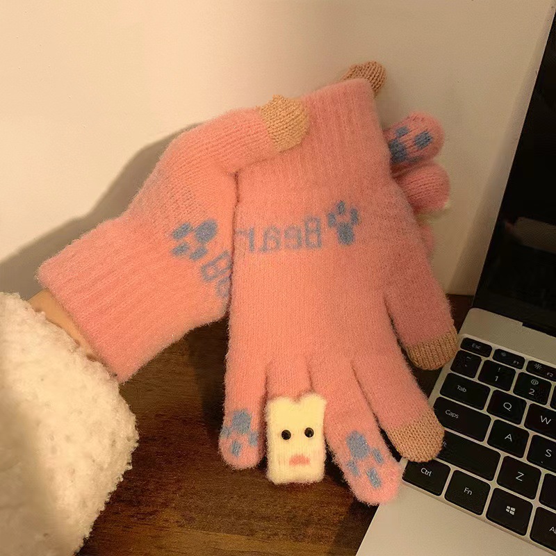 new korean style cute bear touch screen ins fleece-lined thickened gloves warm student riding winter yarn men and women