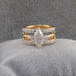 Cross-Border Hot-Selling European and American Jewelry, Classic Stylish, Exaggerated Marquise, Three-Row Diamond Wide Ring, Women's Manufacturer Wholesale