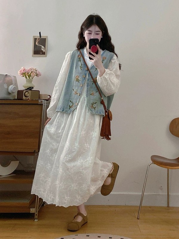 秋装搭配一整套牛仔马甲配长裙子大码法式白色蕾丝连衣裙套装女装|undefined