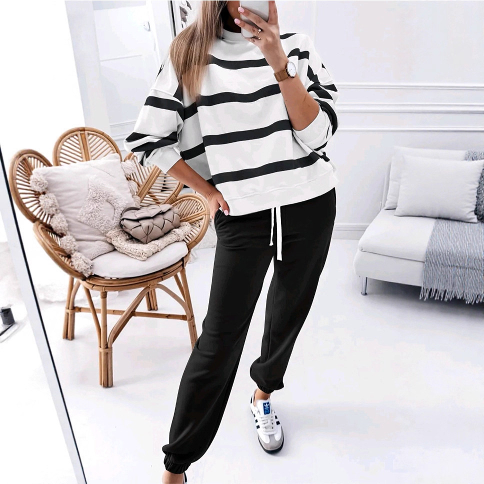 2025 Cross-Border European and American New Casual Striped Sports Suit Women's Fashion Long-Sleeved Sweatshirt Leggings Pants Two-Piece Set