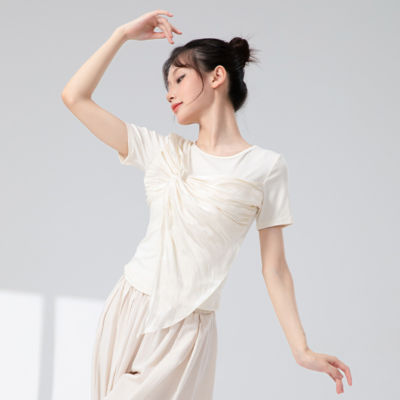 古典舞蹈服女新款短袖交叉扭花中国风练功服飘逸现代舞演出服上衣|undefined