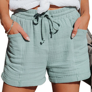 2021 European and American Cross-border Summer New Women's Clothing Amazon wish High Waist Lace-up Loose Wide Leg Shorts Women