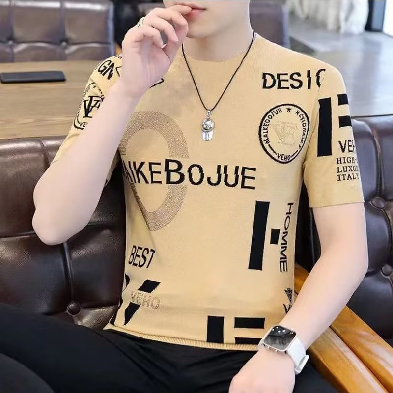 Camisa menos ropa verano nueva camiseta de manga corta de seda de hielo hombres cuello redondo marca de moda ropa superior delgada Camiseta slim fit