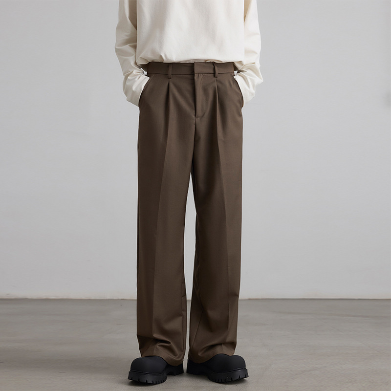 Spring and summer new niche design TR pleated A word wide leg trousers men's high sense loose slim casual straight pants.
