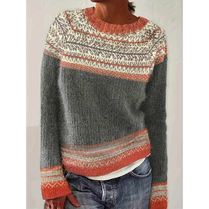 2026新款跨境代发女式优雅拼色几何图案毛衣