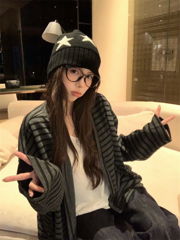 【自家工厂现货】慵懒风撞色条纹宽松长袖外套女显瘦百搭休闲上衣|undefined