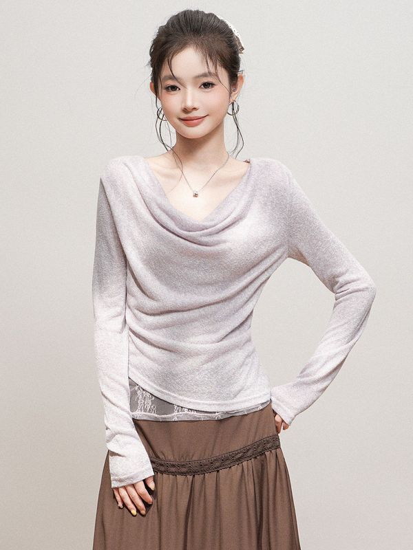 季优 紫色一字露肩蕾丝网纱拼接长袖t恤女2025早秋荡领高级感上衣|undefined