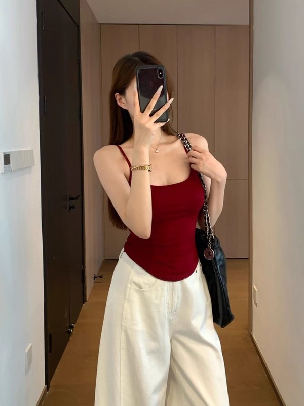 AY94 3D立体模杯胸垫一体超弹力细肩带辣妹蝴蝶结露背吊带背心|undefined