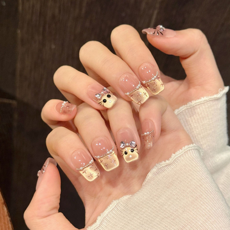Rikaman Original Handmade Fake Nails Peach-Colored Kt Cat Eye French Hand-Painted Gentle Cute Pure Desire Wearable Nails