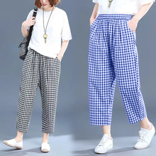 外贸夏季宽松棉麻格子阔腿裤女装2024新款韩版大码休闲九分裤子潮