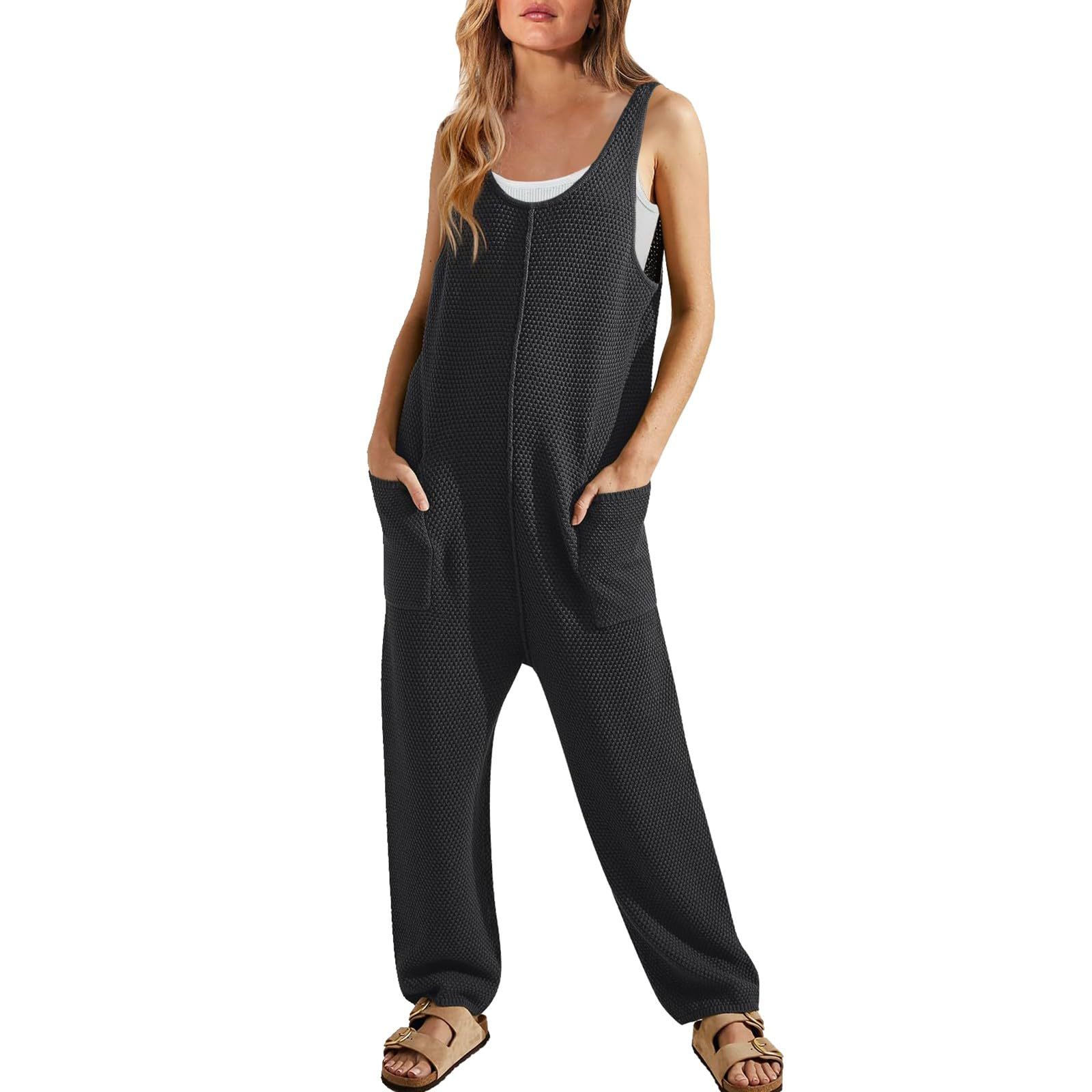 Primavera/Verano 2020 nuevo mono suelto casual de mujer sin mangas con cuello en U pantalones de una pieza Doble Bolsillo