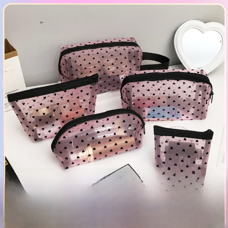 New Ins Love Flocking Powder Mesh Makeup Bag Girls' Heart Portable Washing Large Capacity Breathable Lipstick Trade