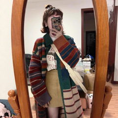 oversize！日系复古拼接翻领毛衣开衫女外套秋冬韩版长款针织上衣