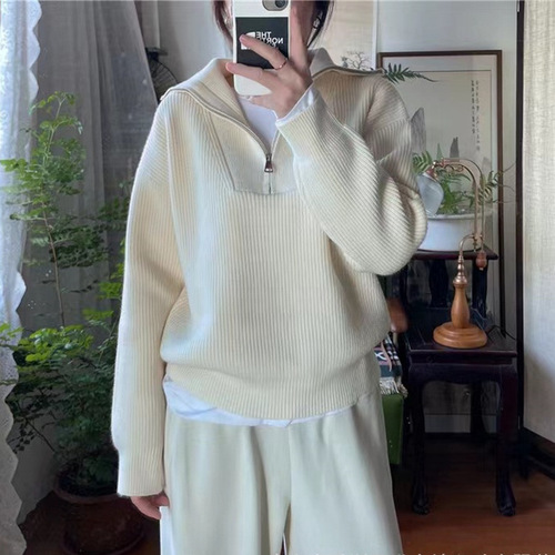 KANING V-Neck Half-Zip Cable Knit Sweater for Women 2025 Autumn Korean Relaxed Style Hooded Sweatshirt for Women