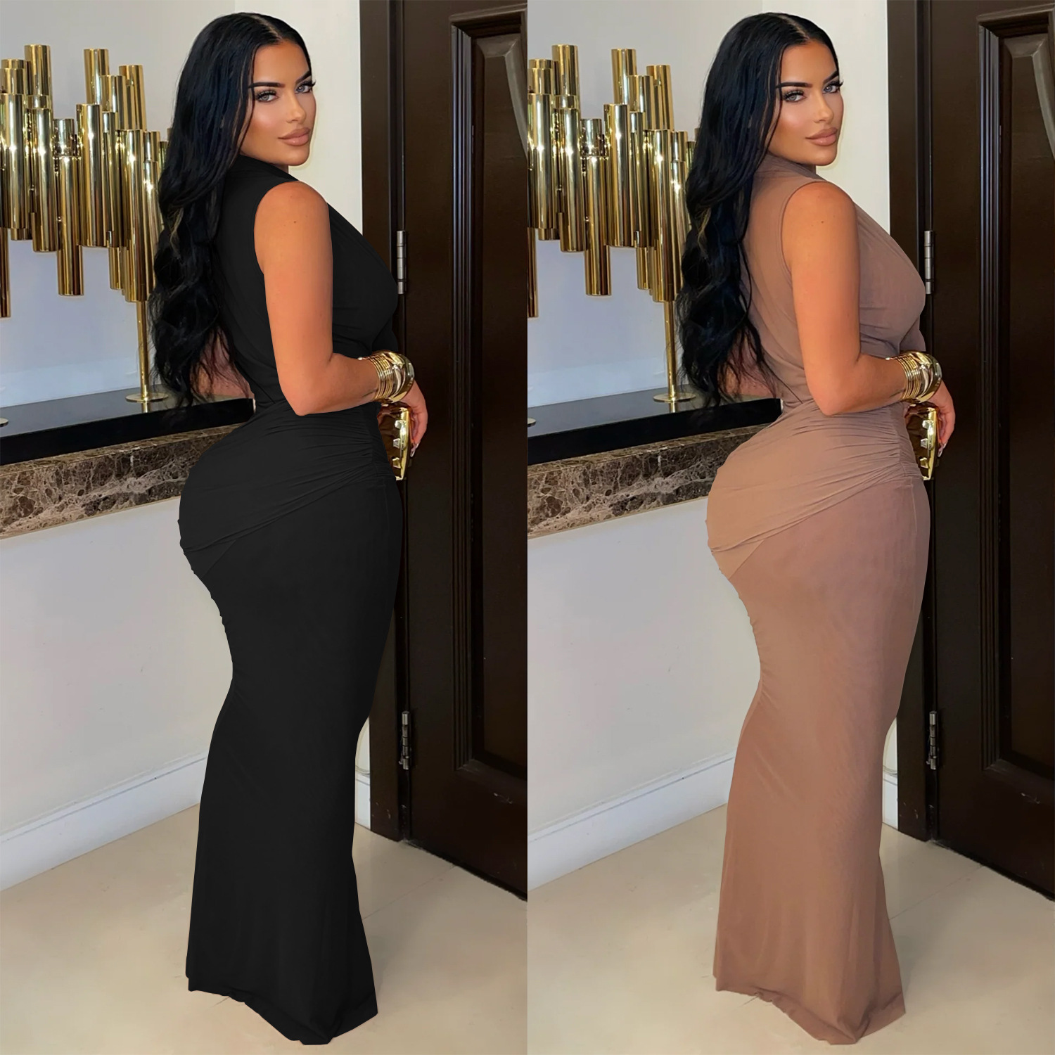 C7555 Aliexpress transfronterizo amazon moda europea y americana temperamento de mujer sin mangas plegado vestido de pecho bajo de cuello en v