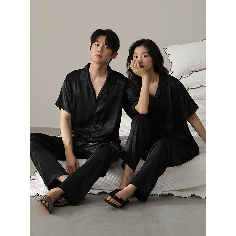 [쿨] 아이스 실크 파자마 여성 여름 새 커플 반팔 바지 가디건 봄 · 여름 실크 같은 홈 옷 남성
