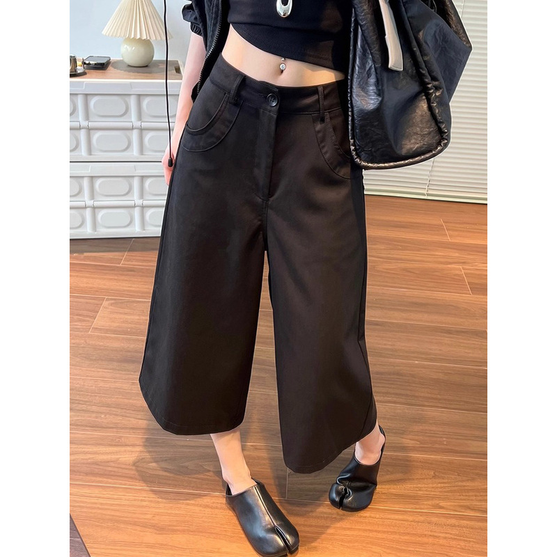 3553 #   Black Straight-Leg Cropped Washed Jeans for Women, Summer Loose Slimming Casual Wide-Leg Pants, Cropped Mid-Length Pants