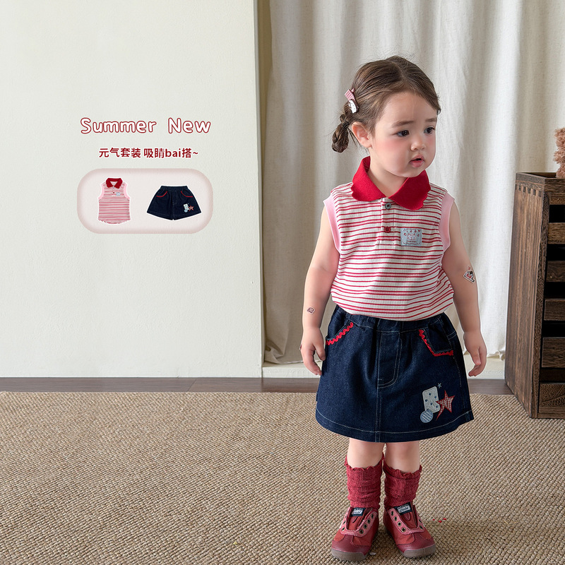 Zhele Children's Clothing Girls' Set Sports Summer Outfit 2026 Kids' Clothes Baby Girl Polo Collar Vest Dress Pants