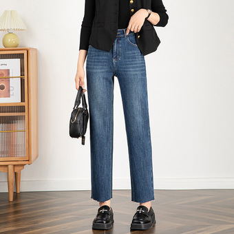 如果四面弹牛仔裤女九分直筒2026春季新款高腰显瘦毛边烟管裤8136