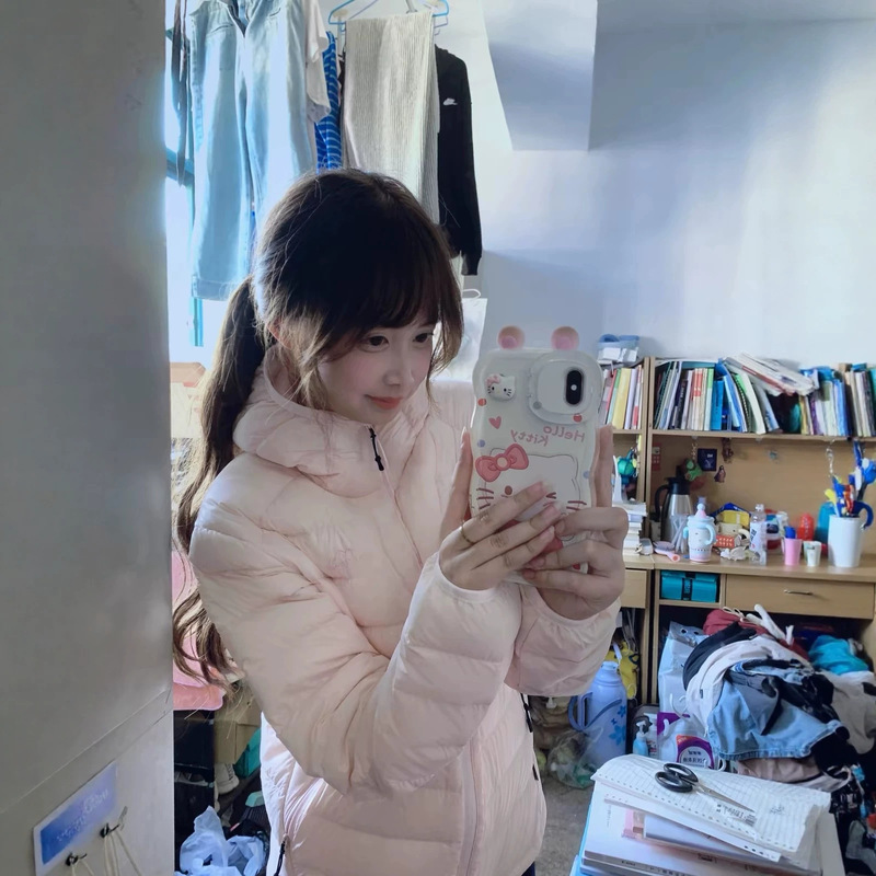 White duck down ribbed down jacket for women, 2026 new winter short pink lightweight thickened slimming hooded coat White duck down ribbed down jacket for women, 2026 new winter short pink lightweight thickened slimming hooded coat