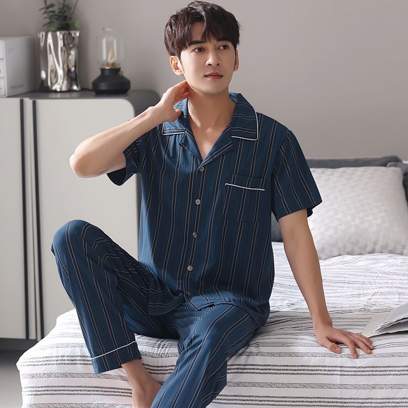 Pijamas de los hombres de verano 100% pantalones de algodón de manga corta cardigan de los hombres ropa de verano delgado más traje de tamaño