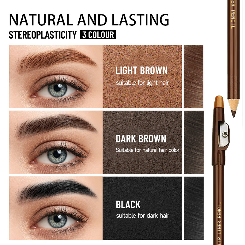 hot selling three color eyebrow pencil with pencil sharpener, waterproof, sweat proof, non smudged, wooden rod, hard core, ultra fine eyebrow pencil_voghion.com