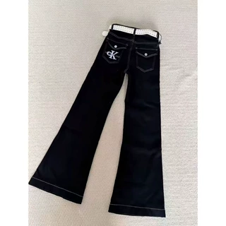 韩系秋冬季百搭弹力水洗微喇牛仔裤女口袋刺绣潮流减龄宽松高腰裤